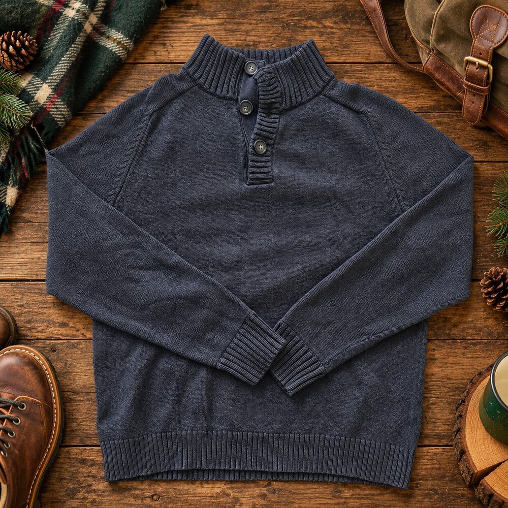 J Crew 21719 Sweater Mens Large Navy Cotton 3 Button Mock Neck Pullover FA10